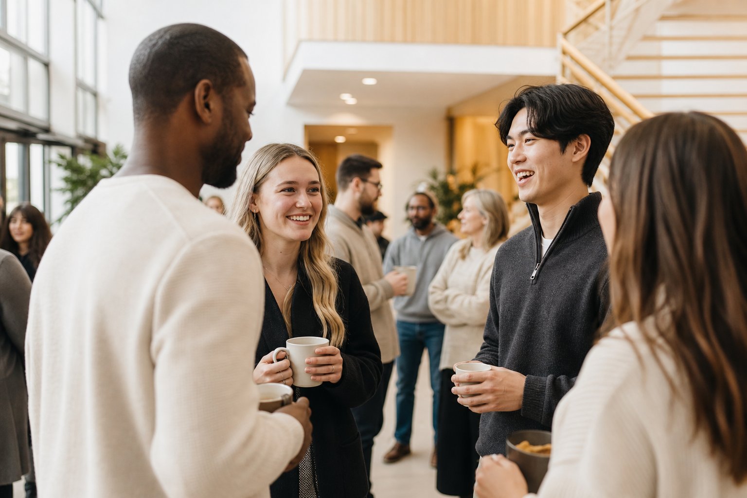 People sharing conversation and community after a church gathering