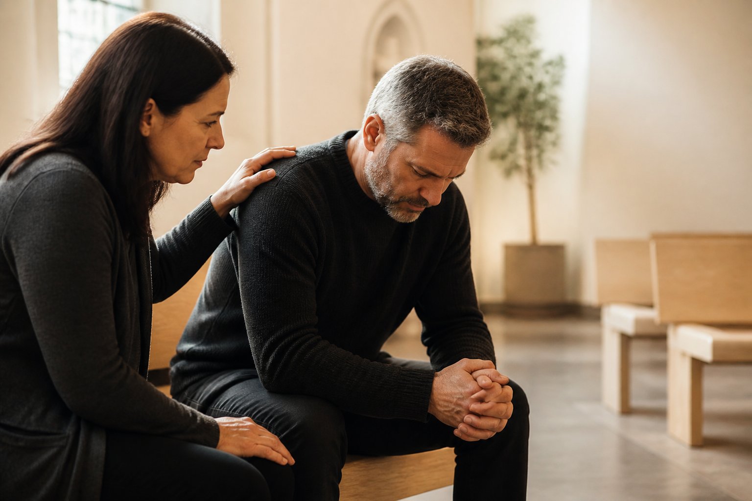 A church member offering compassionate prayer and support